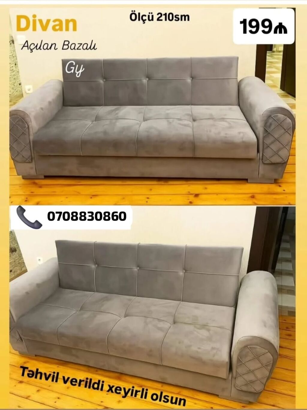Divan – açılan, bazalı model - Ölçü: 210 sm - Rəng: boz - Yumşaq — Divanlər, Sumqayıt