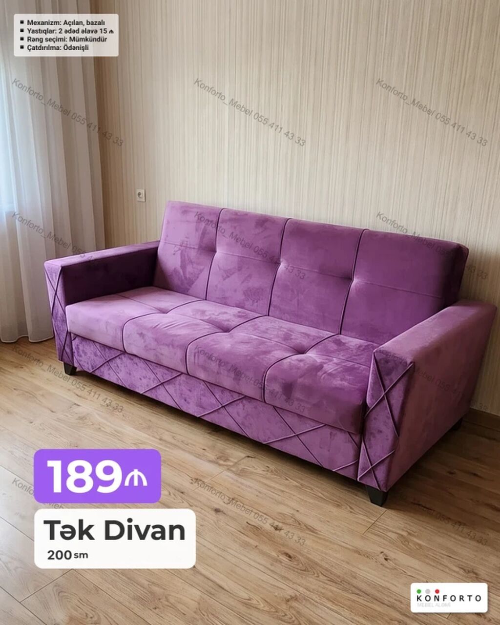 Tək divan – 200 sm Qiymət: 189 (şəkildə göstərilib) Xüsusiyyətlər — Divanlər, Bakı