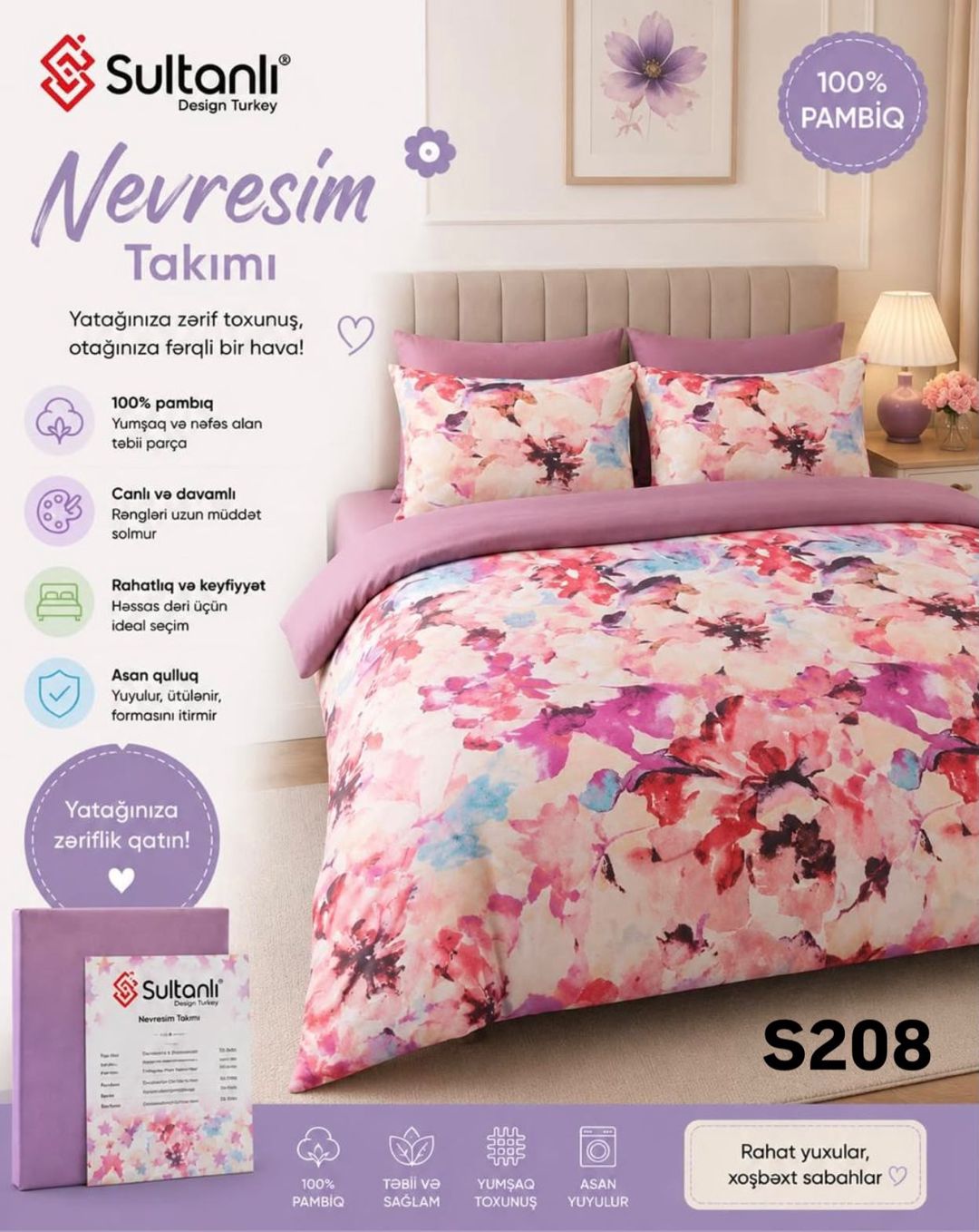 Yataq dəsti Sultanlı S208, ikinəfərlik, pambıq, yorğan üzü 200x220 sm, mələfə 240x260 sm, yastıq üzü 50x70 sm 2 ədəd — Mallar, Bakı