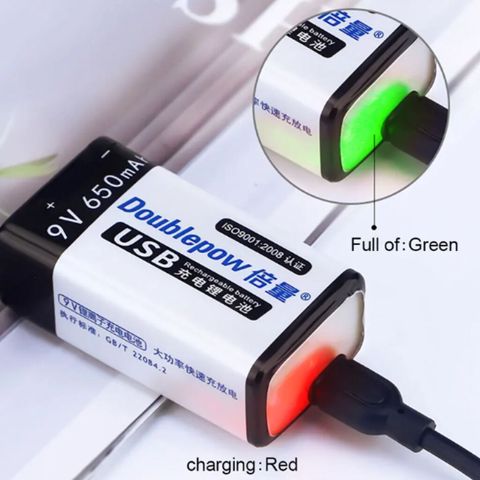 9V 650mAh USB Şarjlı Li‑ion Batareya Model: 9V Li‑ion şarj edilə — Bakı