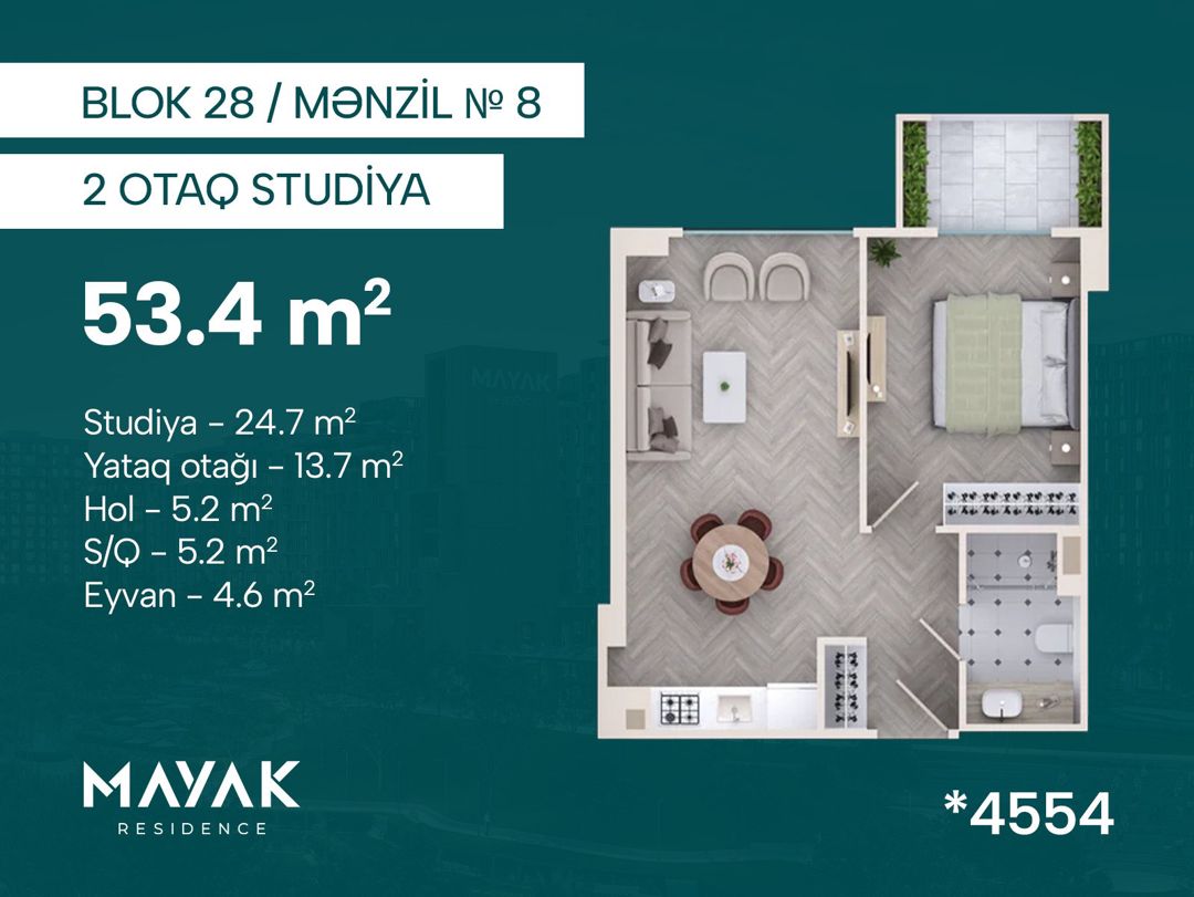 Satılır 2 otaqlı yeni tikili 53.4 m² — Mənzil, Bakı (2)
