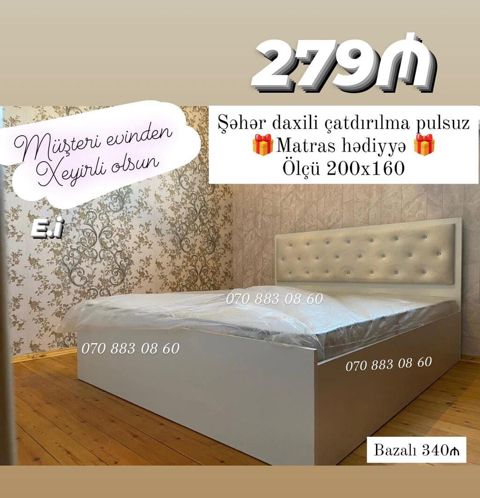 Ağ rəngli, müasir dizaynlı iki nəfərlik çarpayı. - Ölçü: 200x160 sm — Sumqayıt