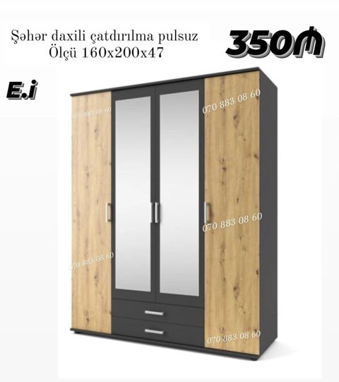Güzgülü dolab – müasir dizayn, 3 qapılı, 2 alt çekmecə. Ölçü — Sumqayıt