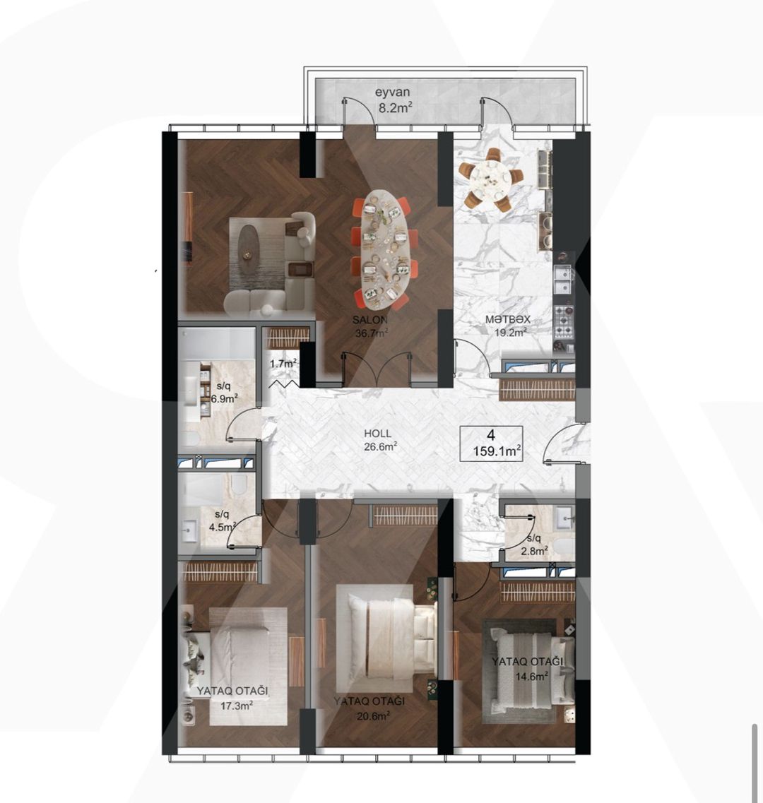 Satılır 4 otaqlı yeni tikili 159.1 m² — Mənzil, Bakı (3)