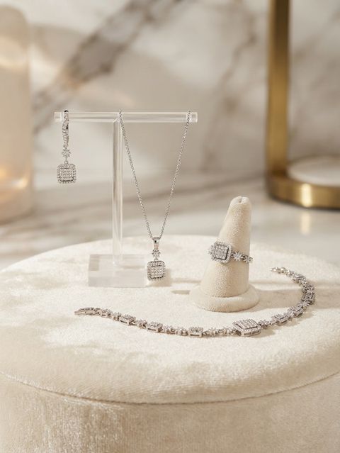 Bijuteriya dəsti boyunbağı, qolbaq, sırğa və üzük, qadınlar üçün, gümüşü, paslanmayan polad — Bakı