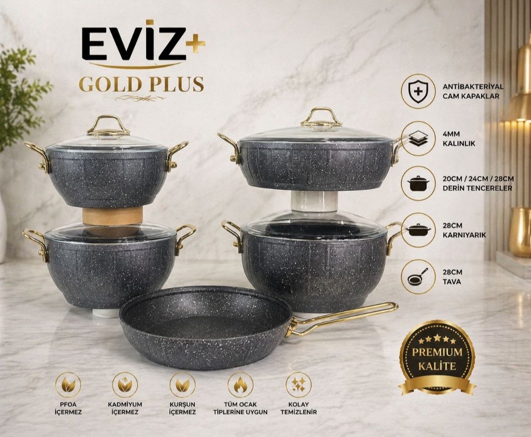 Qazan dəsti Eviz Gold Plus Qranit 20,24,28 sm Tava Qazan Qapaq — Mallar, Bakı (2)
