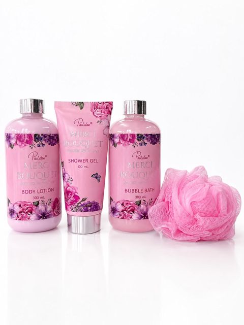 Bədənə qulluq üçün kosmetika dəsti Merci Bouquet (duş geli 100 ml + bədən üçün krem 300 ml + duş üçün köpkü 300 ml + lif) — Bakı