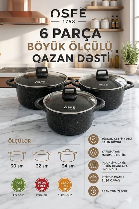 Qazan dəsti SJ-772968, qranit, qara, 30/32/34 sm, 6 parça — Bakı