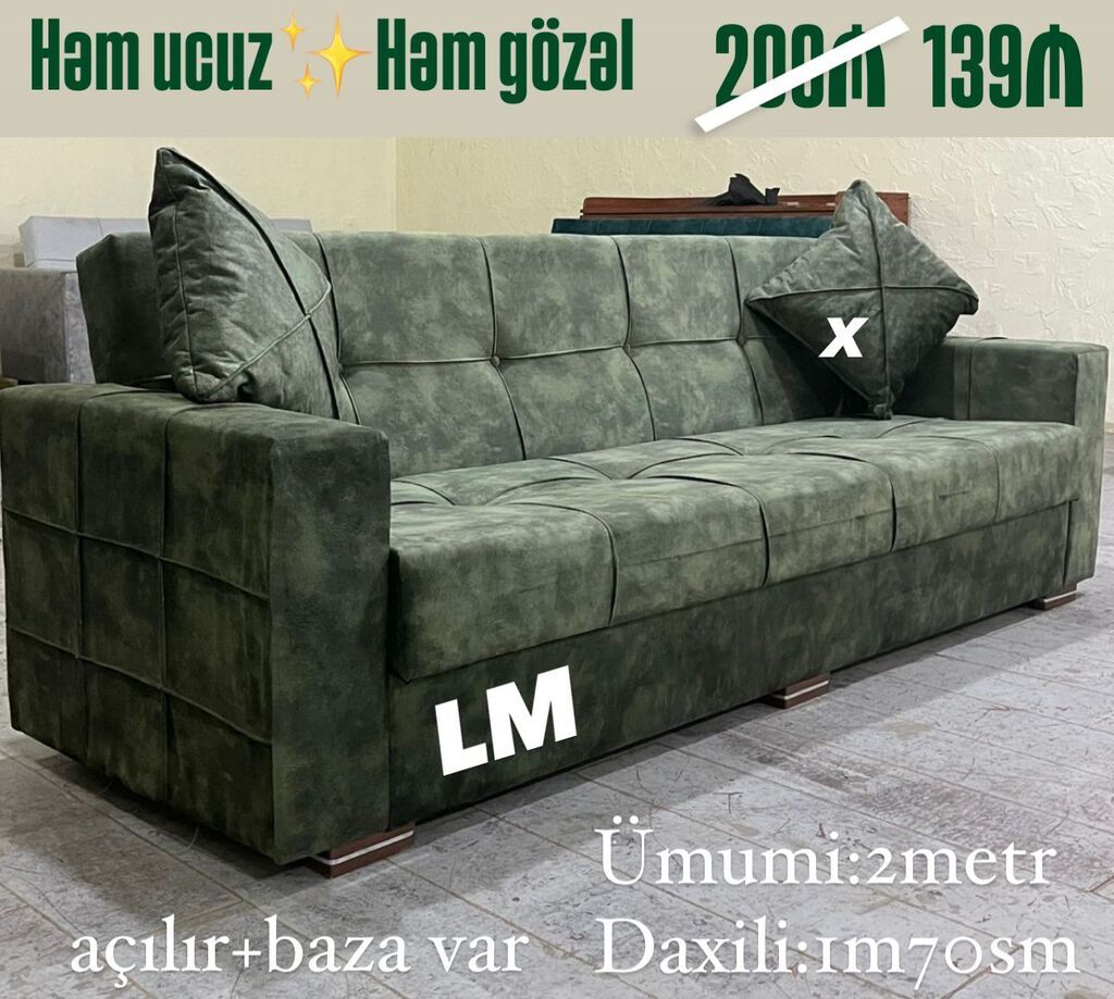 Yaşıl rəngli, yumşaq toxumalı açılan divan. - Ümumi ölçü: 2 metr — Divanlər, Sumqayıt
