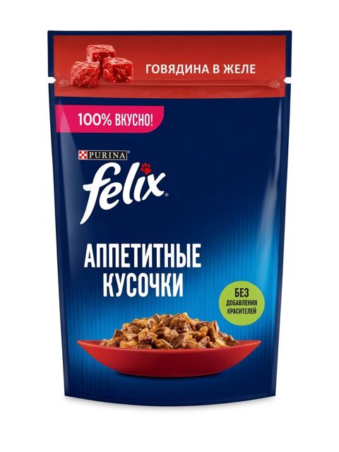 Nəm yem pişiklər üçün Felix İştahaçan parçalar, jeledə mal əti, 75 q — Bakı