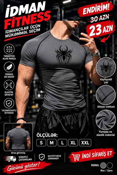 İdman/Fitness kişi köynəyi – sinədə hörümçək printi ilə — Sumqayıt