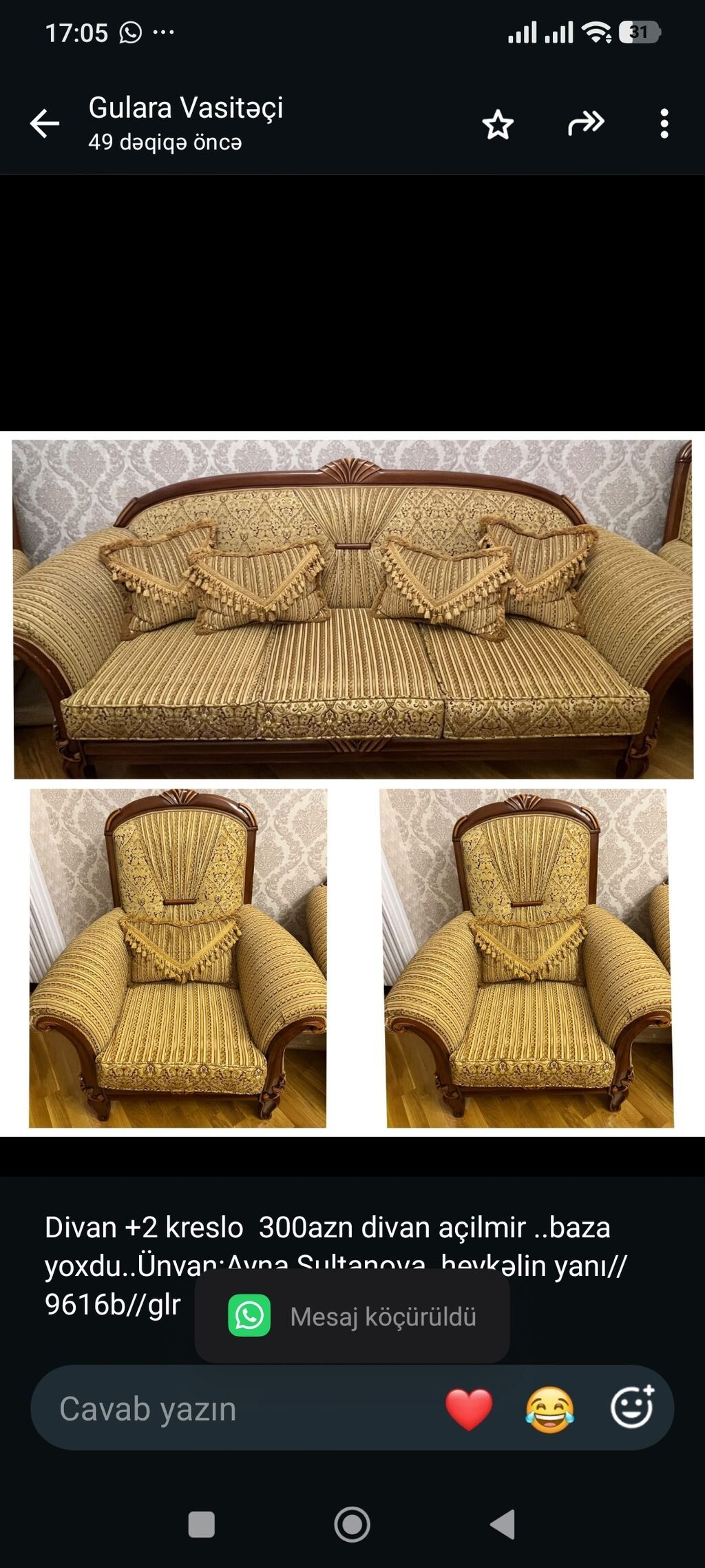 Divan +2 kreslo 300azn divan açilmir baza yoxdu. Ünvan:Ayna — Yumşaq mobilya dəstləri, Bakı