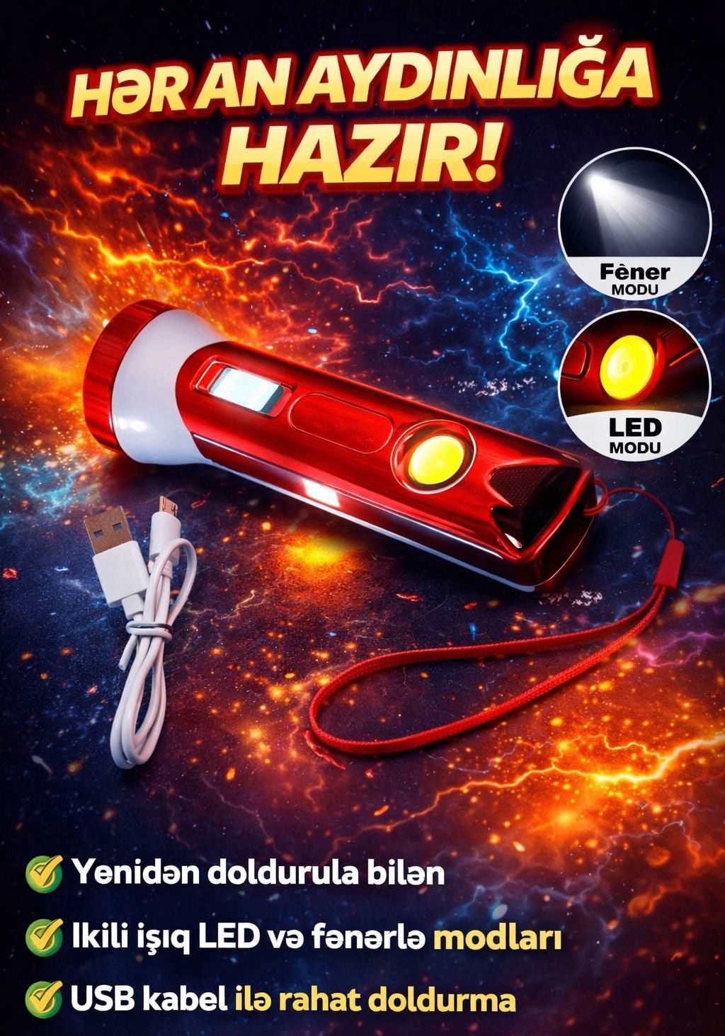 Fənər N-833, USB ilə, qırmızı — Mallar, Bakı