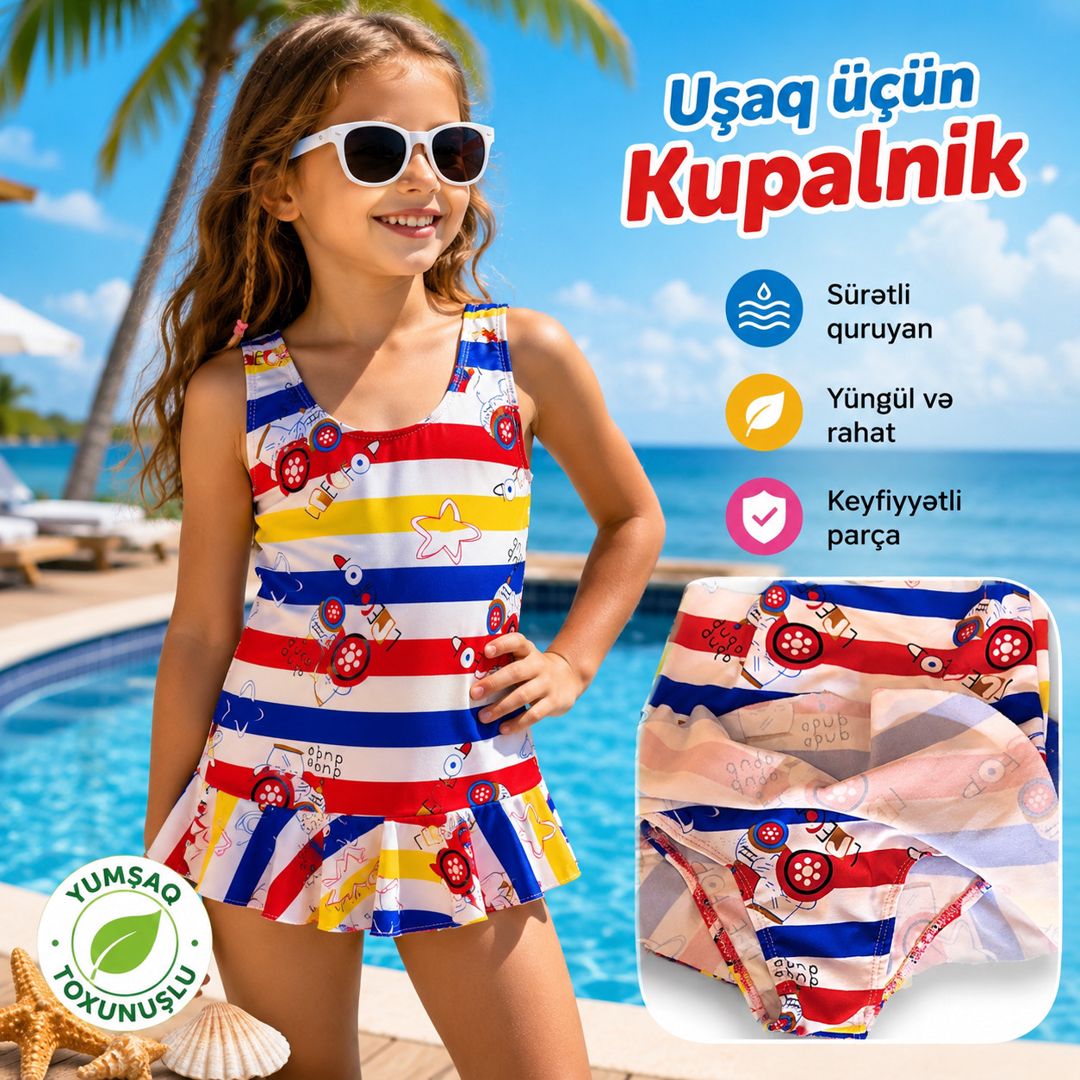 Qız üçün çimərlik geyimi No brand, Ətəklikli çimərlik geyimi, Rəngbərəng, Elastan, Spandeks, 3-5 yaş — Mallar, Bakı