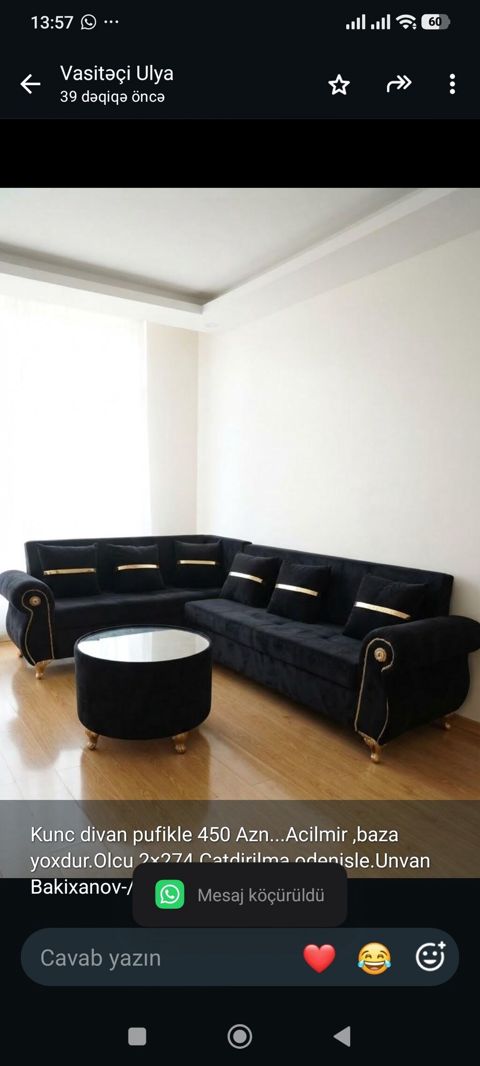 Kunc divan pufikle 450 Azn. Acilmirbaza yoxdur.Olcu — Bakı