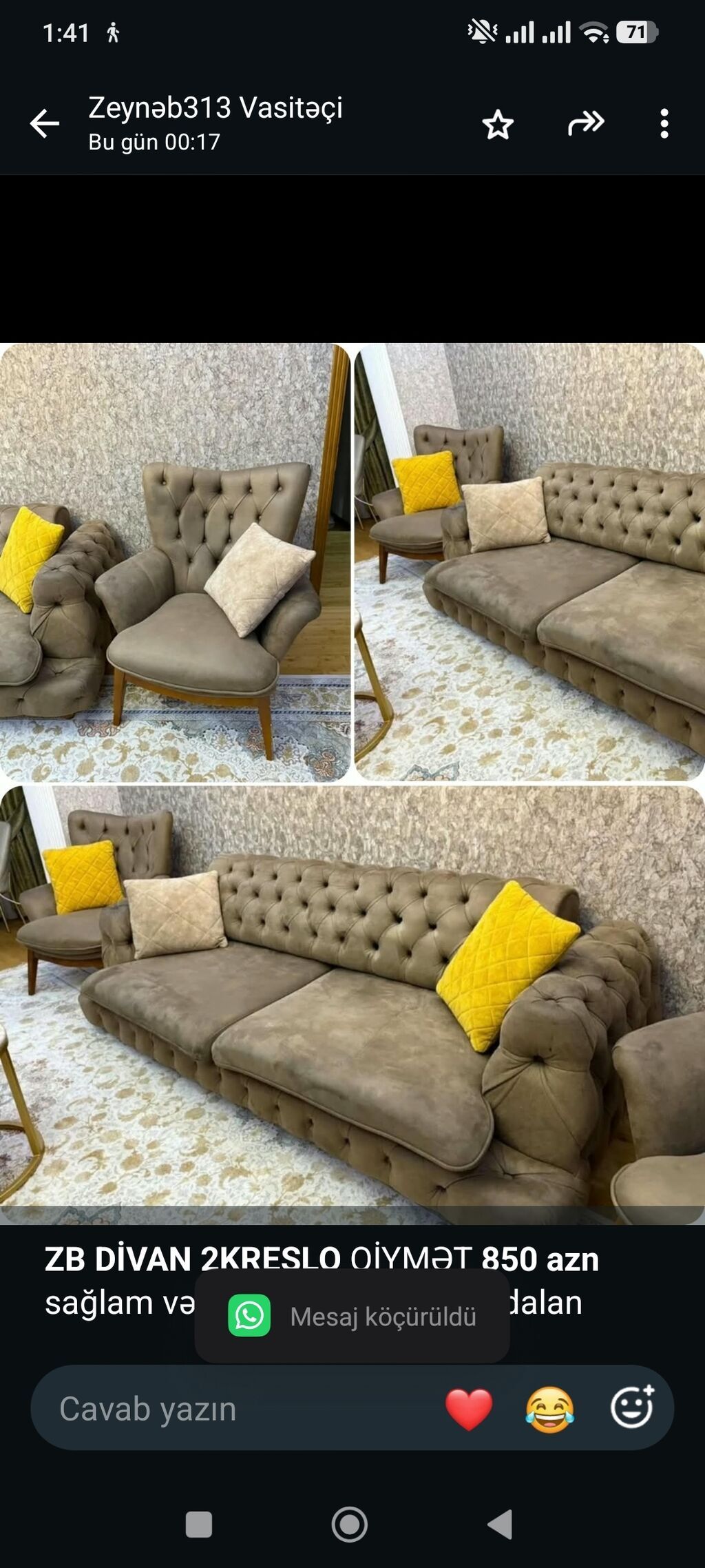 *ZB* *Divan 2KRESLO* Qiymət *850 azn* sağlam vəziyyətdədir ünvan — Yumşaq mobilya dəstləri, Bakı