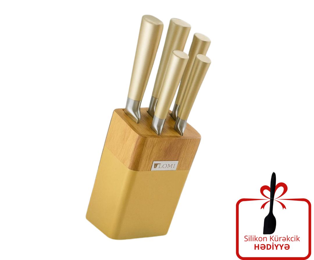 Bıçaq dəsti Alome ALM000002_RB, 6 əd, paslanmayan polad, bamboo altlıq, qızılı/gümüşü, silikon kürəkcik hədiyyə - ALM000002_RB — Mallar, Bakı