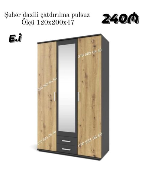 Üç qapılı paltar dolabı – güzgülü model - Ölçü: 120×200×47 sm — Sumqayıt