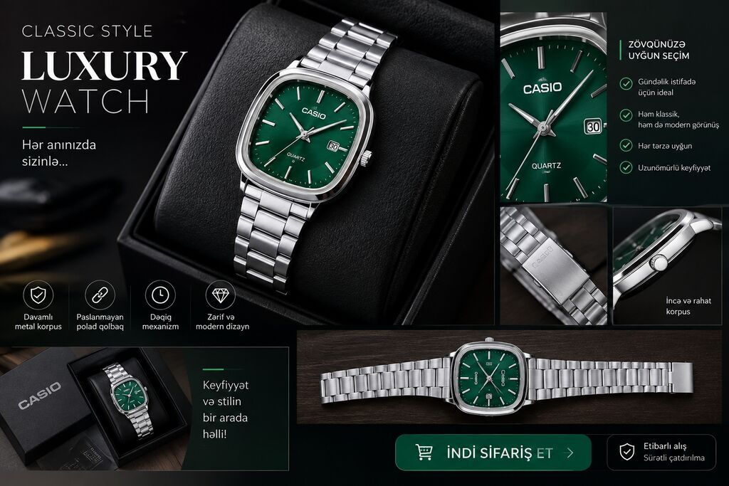 Casıo klassik üslublu Luxury Watch - Rəng: Yaşıl siferblat, gümüşü — Qol saatları, Bakı