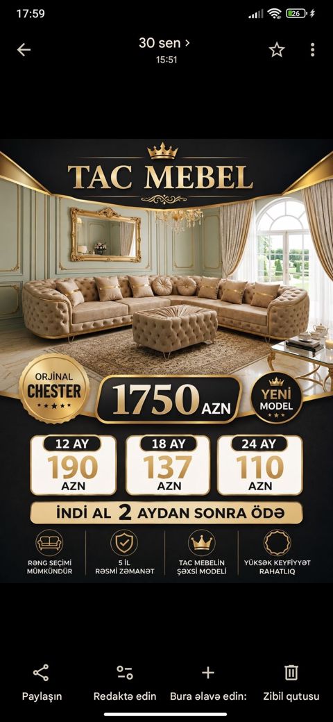 Tac Mebel – Orijinal Chester künc dəsti və pufik - Yeni model — Bakı