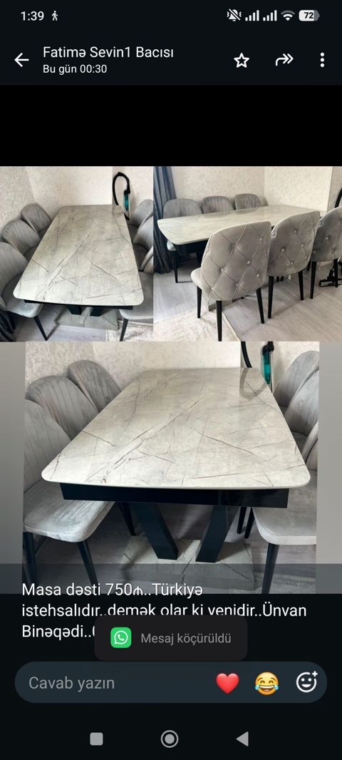 Masa dəsti 750₼. Türkiyə istehsalıdır. demək olar ki yenidir. Ünvan — Bakı