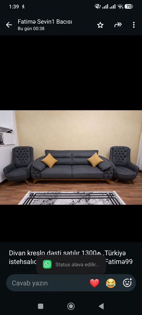 Divan kreslo dəsti satılır 1300₼. Türkiyə istehsalıdır. Ünvan Bayıl — Bakı