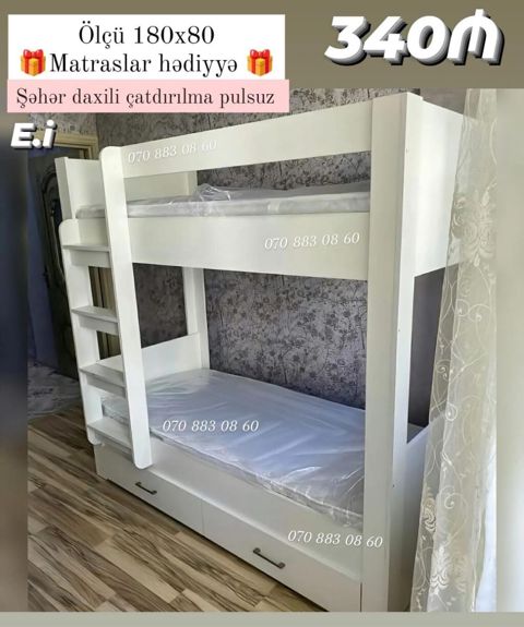 İki mərtəbəli uşaq/yataq çarpayısı - Ölçü: 180x80 - Rəng: ağ — Sumqayıt