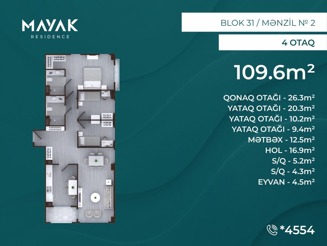 Satılır 4 otaqlı yeni tikili 109.6 m² — Mənzil, Bakı (2)