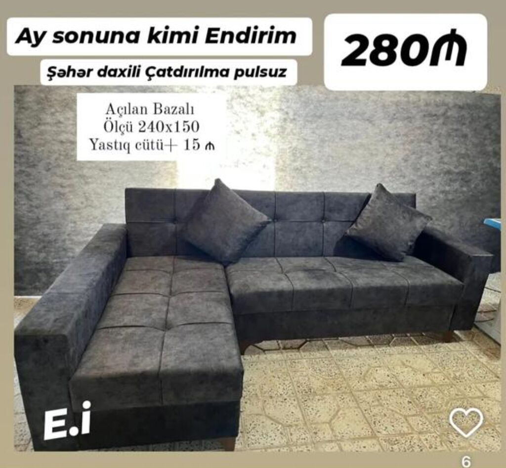Künc divanı – açılan bazalı model - Ölçü: 240 x 150 sm - L‑şəkilli — Divanlər, Sumqayıt