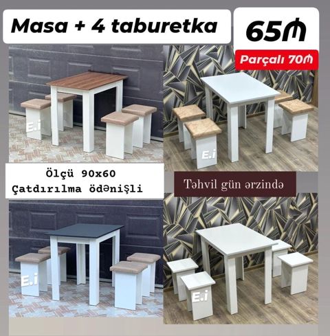 Masa + 4 taburetka dəsti - Ölçü: 90x60 - Rəng seçimləri: ağ, qara — Bakı