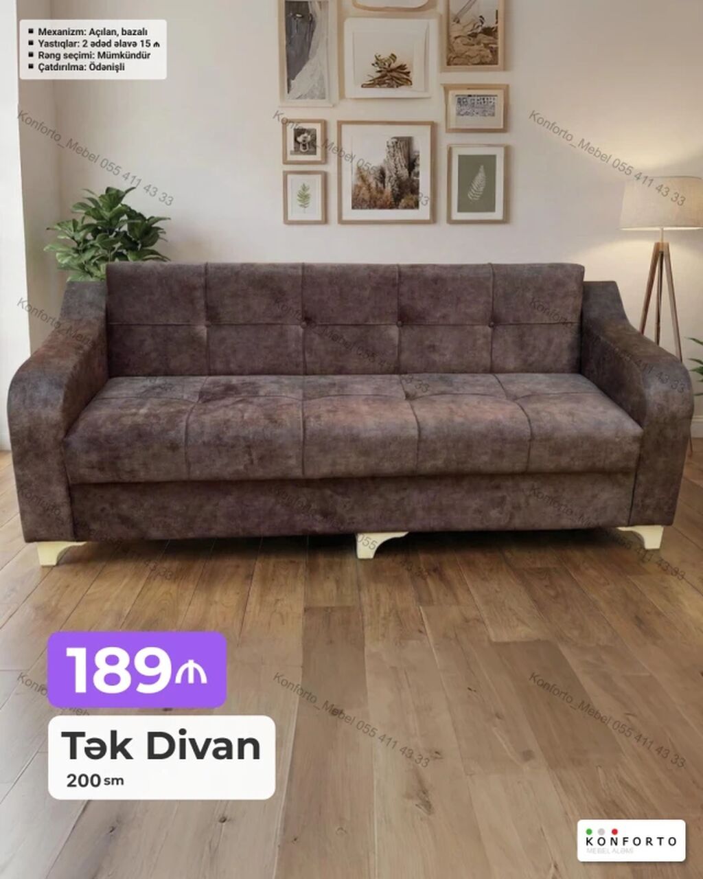 Tək divan – 200 sm - Mexanizm: açılan, bazalı (yataq funksiyalı və alt — Divanlər, Bakı
