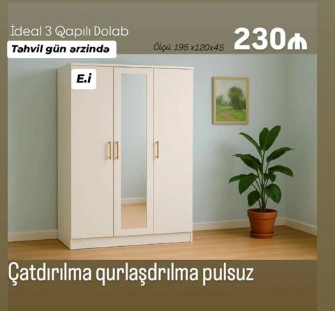 İdeal 3 qapılı dolab - Ölçü: 195 x 120 x 45 sm - Rəng: açıq krem — Bakı