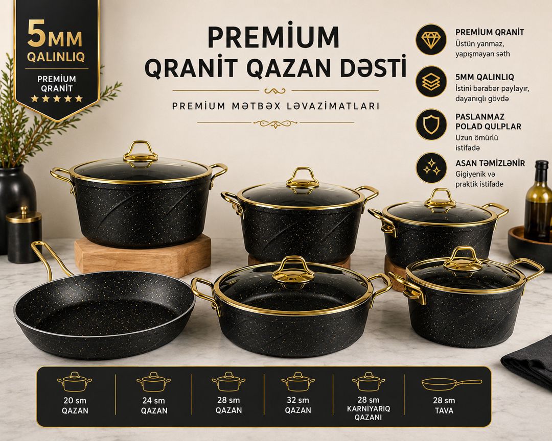 Yemək hazırlanması üçün qab-qacaq dəsti PMT, qranit, qara/qızılı, 11 əd — Mallar, Bakı