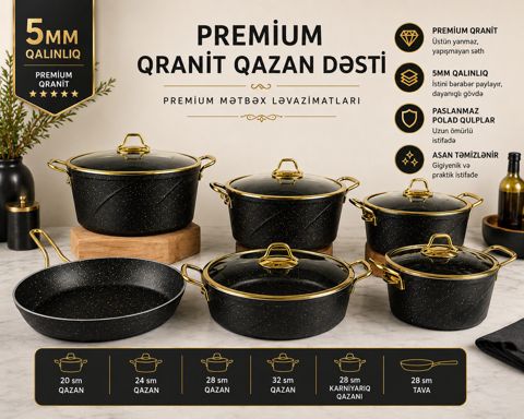 Yemək hazırlanması üçün qab-qacaq dəsti PMT, qranit, qara/qızılı, 11 əd — Bakı