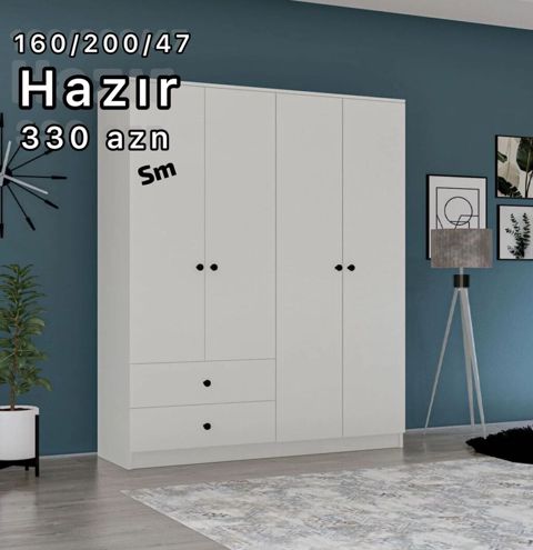 Ağ rəngli 4 qapılı paltar şkafı. Minimalist dizayn, qara tutacaqlar — Digah