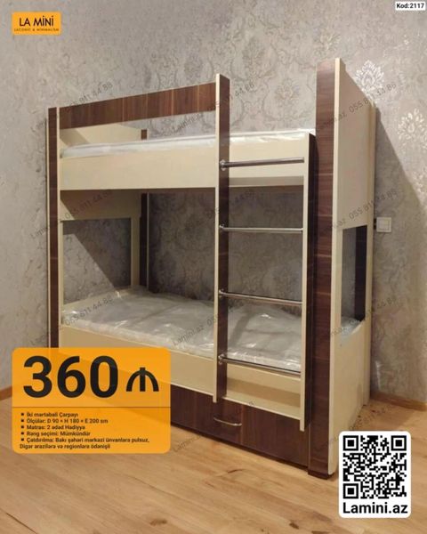 İki mərtəbəli çarpayı – Kod: 2117 - Ölçülər: D 90 x H 180 x E 200 sm — Bakı