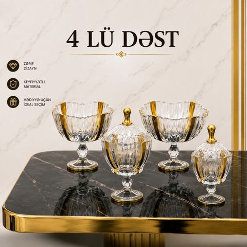 Şirniyyat qabı dəsti Crystal Gallery, şüşə, şəffaf, 4 əd — Bakı