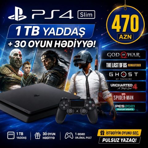 PS4 Slim oyun konsolu – 1 TB yaddaşla. Paket məzmunu: - PS4 Slim — Bakı
