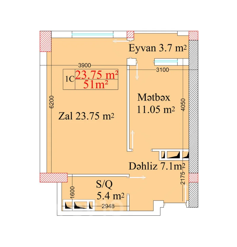 1 otaqlı mənzil, 51 m², Nicat Mustafayev Küçəsi — Mənzil, Bakı (5)