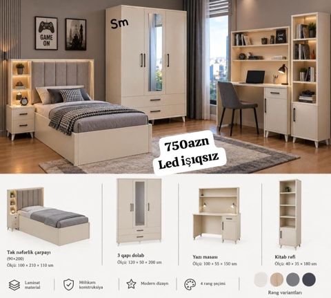 Gənc otağı mebel dəsti – LED işıqsız (750 AZN yazısı şəkildə qeyd — Bakı