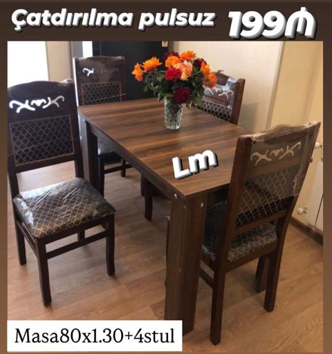Yemək otağı dəsti – masa və 4 stul - Ölçü: masa 80 x 130 sm — Bakı