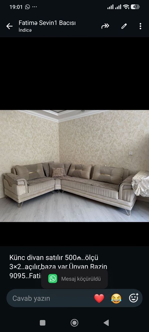 Künc divan satılır 500₼. ölçü 3×2. açılır,baza var.Ünvan Razin — Bakı