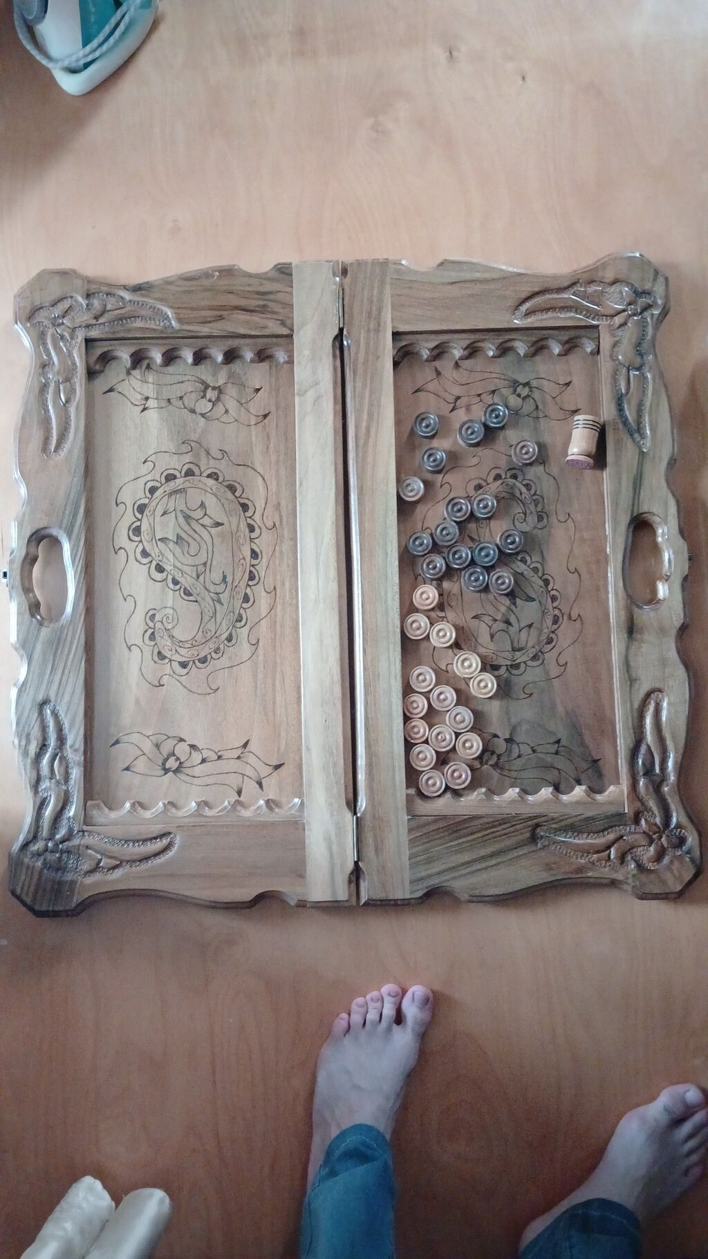 Əl oyma taxta nərd dəsti - Material: bərk ağac (təbii ağac damarları — Şax, şəkəh, nard, Digah (2)