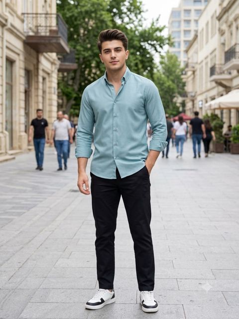 Kişilər üçün uzunqol köynək, açıq yaşıl, pambıq, ölçü S — Bakı