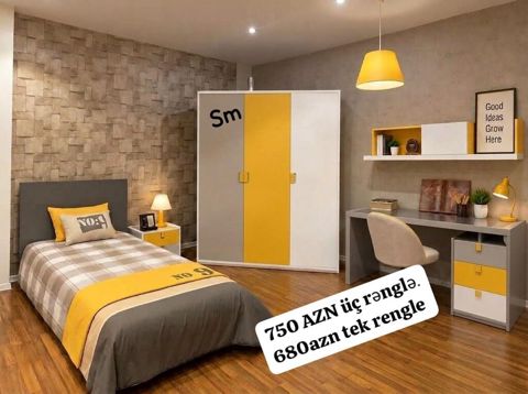 Gənclər üçün tam dəst mebel - Üçrəng kombinasiyası: boz–ağ–sarı (tek — Bakı