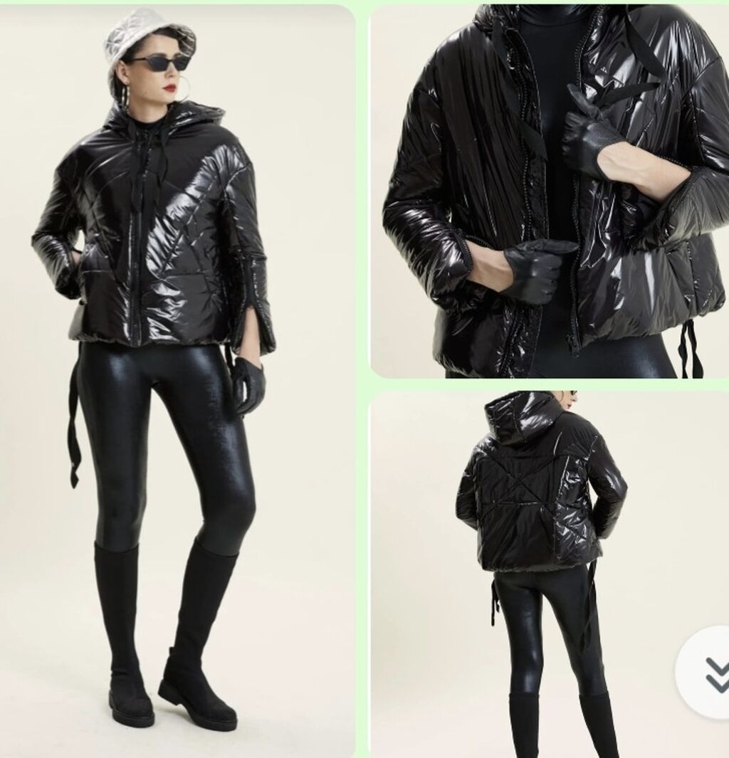 Qadınlar üçün parlaq qara şişmə qısa gödəkçə - Material: parlaq, suya — Jaketlər, Masazır