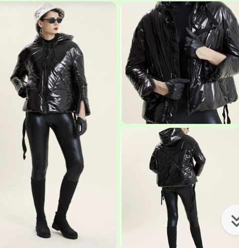 Qadınlar üçün parlaq qara şişmə qısa gödəkçə - Material: parlaq, suya — Masazır