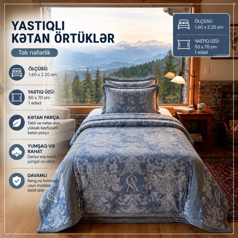 Örtük və yastıq üzü dəsti, kətan, mavi/boz, birnəfərlik, 160x220 sm — Bakı