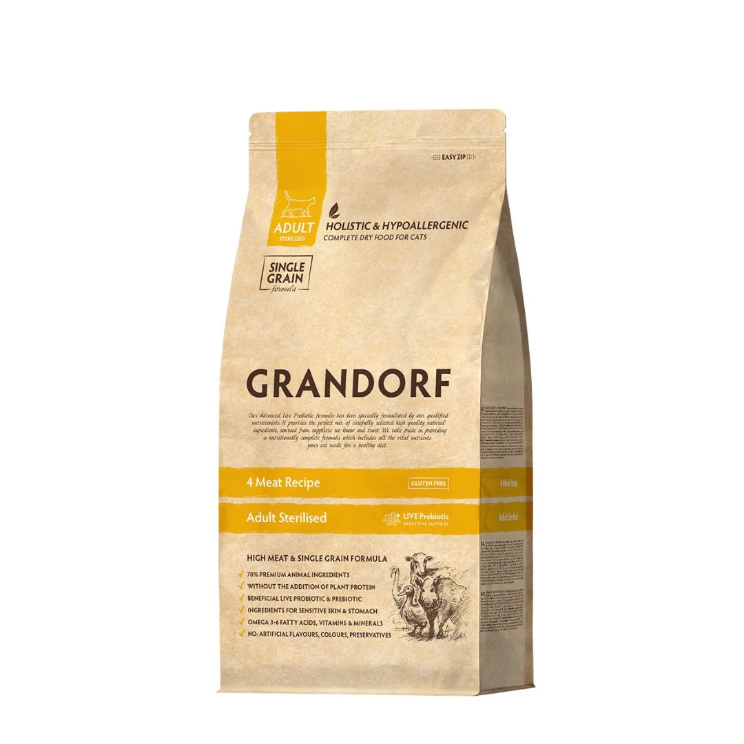 Grandorf Holistic Hypoallergenic Sterilized, qısırlaşdırılmış pişiklər və sterilizə edilmiş dişi pişiklər üçün quru yem 4 növ ət və qəhvəyi düyü (çəki ilə) — Pişiklər, Bakı