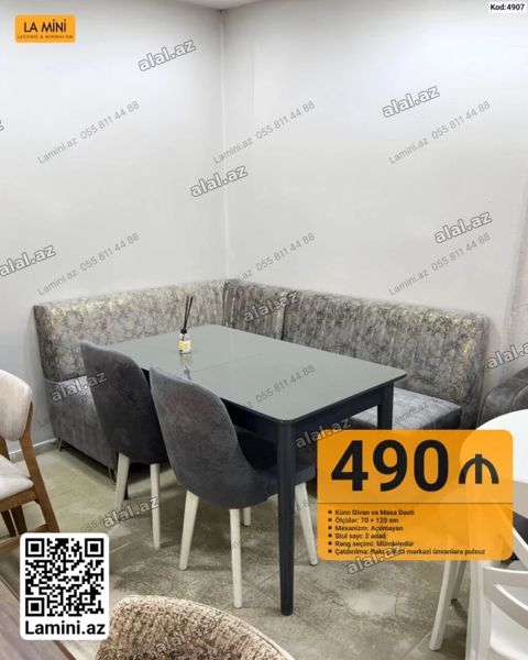 Künc divan və masa dəsti - Tərkib: künc divan + masa + 2 ədəd stul — Lamini Mebel
